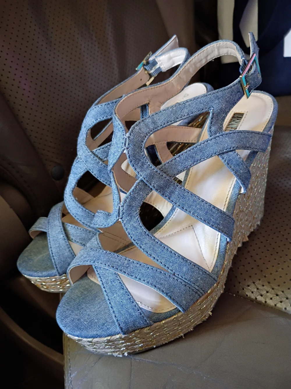 Womens Blue Denim Strappy Wedge Sandals